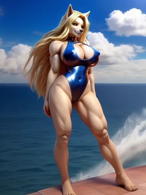 big muscular, women, one piece latex swimsuit, sexy, 
blond long hair, 200cm tall, sea, nipple, wolf furry, big boobs, ass, tail