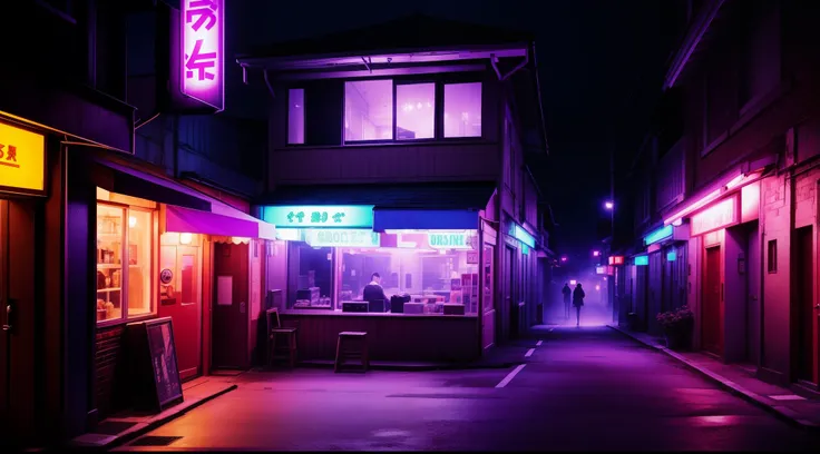 back street cafe outside view, in the night, fog, neon lights, back alley, toyko, purple theme, a girl standing listening to music