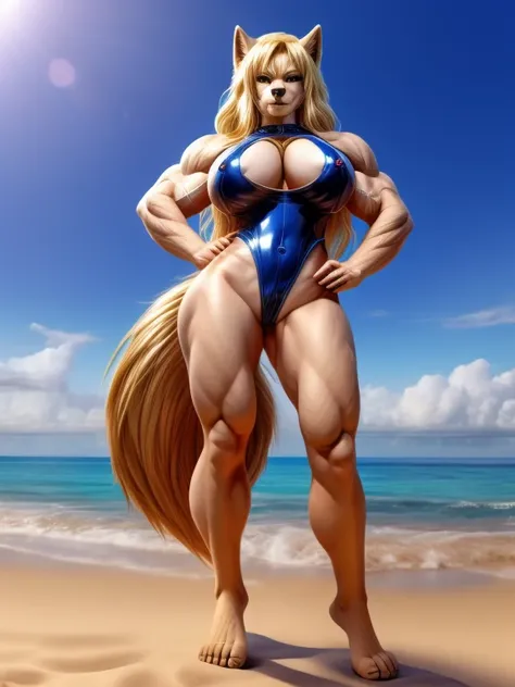 big muscular, women, one piece latex swimsuit, sexy, 
blond long hair, 200cm tall, sea, nipple, wolf furry, big boobs, ass, tail