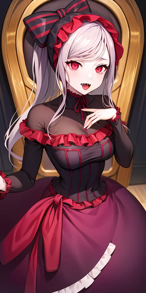 masterpiece, best quality, ShalltearV4, 1girl, solo, dress, frills, bow, hair bow, fangs, pale skin, glowing, glowing eyes, portrait, vampire