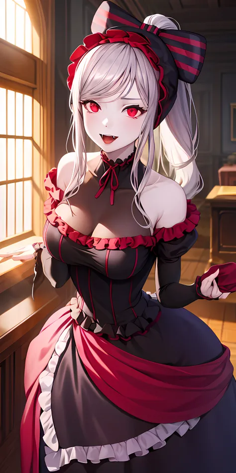 masterpiece, best quality, ShalltearV4, 1girl, solo, dress, frills, bow, hair bow, fangs, pale skin, glowing, glowing eyes, portrait, vampire