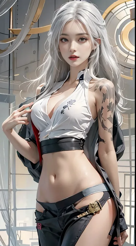 photorealistic, high resolution, 1women, solo, hips up, look at viewer, (detailed face), white hair, long hair, medium breasts, tattoo, taoist