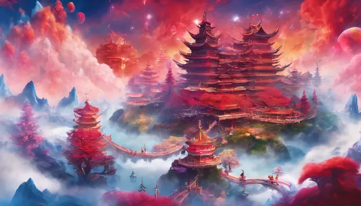 Ultra-wide angle of view，Aerial perspective，Chinese，scenography，Snow world fantasy scene，Colorful，Red Muti Wonderland，thin fog，The clouds are very elegant，floating island beast，