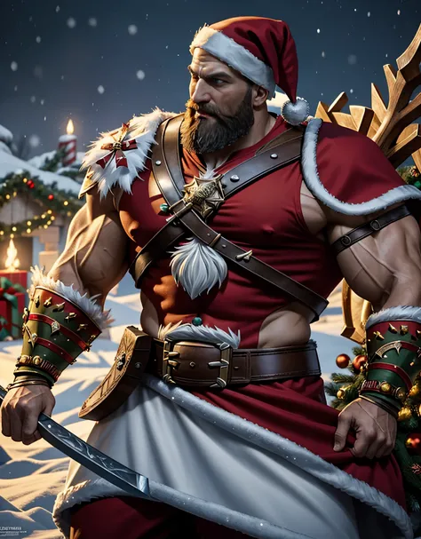 “Masterpiece in 4K, epic style. | Kratos, o Deus da Guerra, veste um traje de Papai Noel enquanto enfrenta um ambiente gelado. The Christmas background highlights a sleigh and reindeer, adding a mystical touch to the scene. Kratos, with a serious expressio...