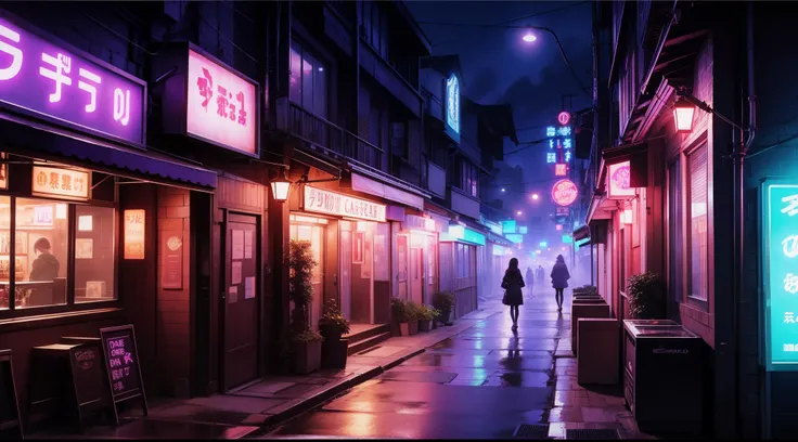 back street cafe outside view, in the night, fog, neon lights, back alley, toyko, purple theme, a girl standing listening to music