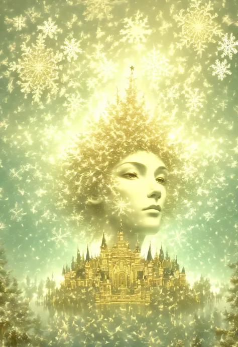 The princess&#39;s face appears in the air，(multiple exposure:1.8),winter landscape，Surreal wonderland，Dreamy cloud and fairy island，(Big snowflakes:1.3)，Colorful big snowflakes are flying，A princess&#39;The palace is covered with snow，The tree of life blo...