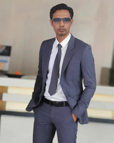 Araaf man in a suit and sunglasses stands in the lobby.., Wear a business suit, full body photgraph, Put on a suit.., In a business suit, wearing fashion clothes., Wear a black and gray suit., In a suit, Wearing a business suit, By opening the business set...