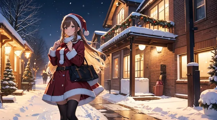 (masterpiece), (best quality), girl standing outside in the snow, wavy brown hair, christmas outfit, santa claus outfit, sexy, perfect body, christmas lights, night