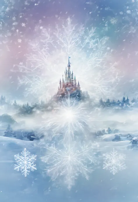 Dubrec style，The princess&#39;s face appears in the air，(multiple exposure:1.8),winter landscape，Surreal wonderland，Dreamy cloud and fairy island，(Big snowflakes:1.3)，Colorful big snowflakes are flying，A princess&#39;The palace is covered with snow，The tre...