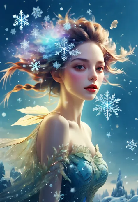 The princess&#39;s face appears in the air，(multiple exposure:1.8),winter landscape，Surreal wonderland，Dreamy cloud and fairy island，(Big snowflakes:1.3)，Colorful big snowflakes are flying，A princess&#39;The palace is covered with snow，The tree of life blo...