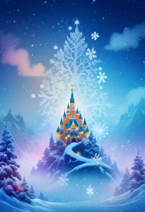 The princess&#39;s face appears in the air，(multiple exposure:1.8),winter landscape，Surreal wonderland，Dreamy cloud and fairy island，(Big snowflakes:1.3)，Colorful big snowflakes are flying，A princess&#39;The palace is covered with snow，The tree of life blo...