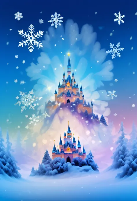 The princess&#39;s face appears in the air，(multiple exposure:1.8),winter landscape，Surreal wonderland，Dreamy cloud and fairy island，(Big snowflakes:1.3)，Colorful big snowflakes are flying，A princess&#39;The palace is covered with snow，The tree of life blo...