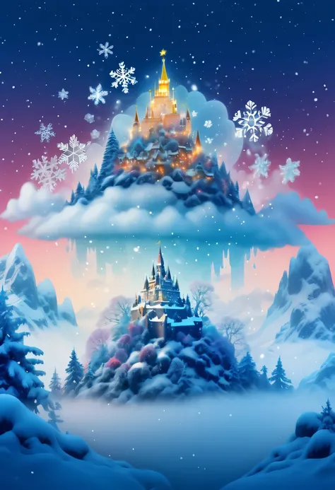 9Princess&#39;s face appears in the air，(multiple exposure:1.8),winter landscape，Surreal wonderland，Dreamy cloud and fairy island，(Big snowflakes:1.3)，Colorful big snowflakes are flying，A princess&#39;The palace is covered with snow，The tree of life blooms...