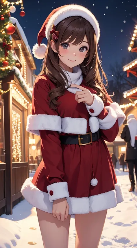 (masterpiece), (best quality), girl standing outside in the snow, wavy brown hair, christmas outfit, santa claus outfit, smiling, sexy, perfect body, christmas lights, night