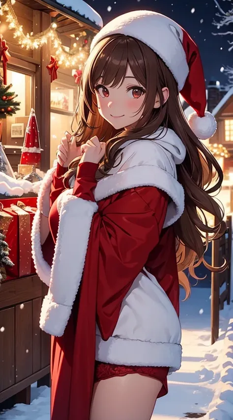 (masterpiece), (best quality), girl standing outside in the snow, wavy brown hair, red lingerie, christmas outfit, santa claus outfit, smiling, sexy, perfect body, christmas lights, night