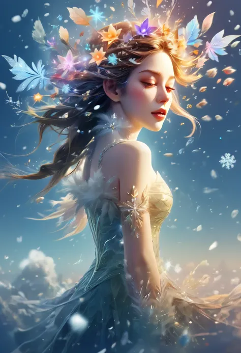 The princess&#39;s face appears in the air，(multiple exposure:1.8),winter landscape，Surreal wonderland，Dreamy cloud and fairy island，Big snowflakes，Colorful big snowflakes are flying，A princess&#39;The palace is covered with snow，The tree of life blooms wi...