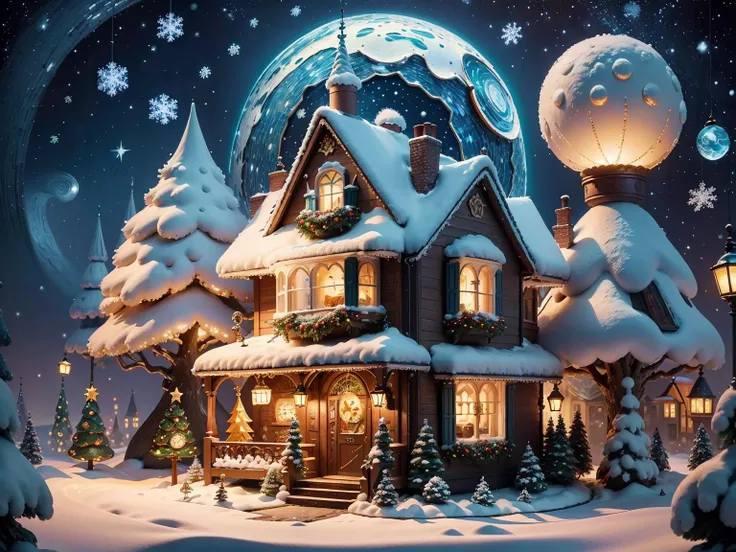 isometric style, (tmasterpiece),（ultra - detailed：1.3），Best quality at best，（Sparkling:1.2），（Christmas village in dream fairy tale:1.4），(Van Gogh style Christmas architecture: 1.5),（The moon  empty），((Delicious sweets，Christmas tree, gifts, Christmas stock...