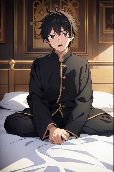 (high quality, ultra detailed), anime character, 16 year old man, medieval noble sleepwear, messy black hair, black eyes, surpri...