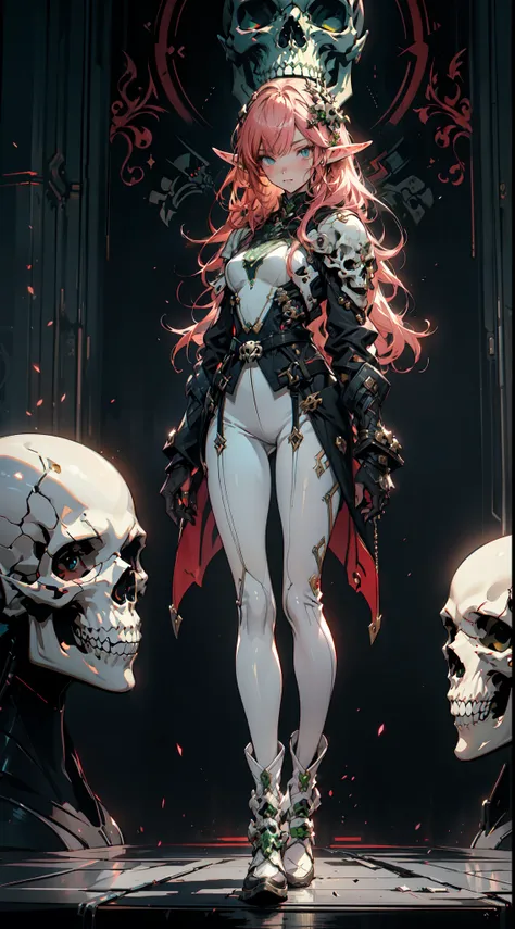 (((masterpiece, best quality))),  (elf), (1girl), solo,  Bangs,  red tinted hair，White cyber Skull armor，long black glovelack pantyhoses，Handsome standing with white boots, art style by Artgerm, by Kawacy, By Yusuke Murata