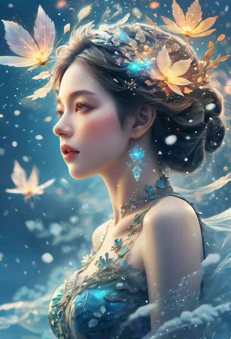 The princess&#39;s face appears in the air，(multiple exposure:1.5),winter landscape，Surreal wonderland，Dreamy cloud and fairy island，Big snowflakes，Colorful big snowflakes are flying，A princess&#39;The palace is covered with snow，The tree of life blooms wi...