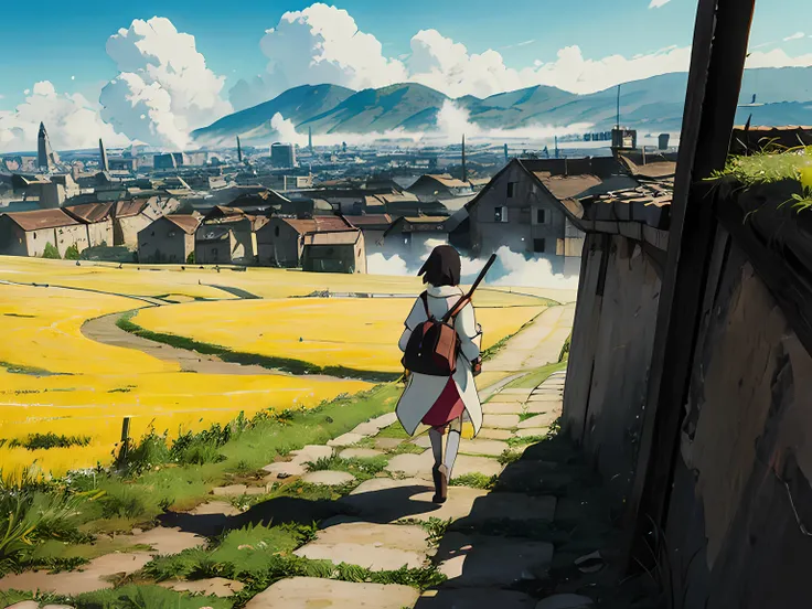 alone medieval anime girl traveling in winter with the sword on the back shoulder bag she is walking trough a field burning city behind