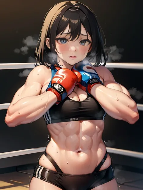 Ryona, (abdominal stimulation:1.3), ((Mature female boxer and boxer girl)), sexy lips, sports bra, ((boxing gloves ,sweat all over the body,（An enthusiastic look）,steam,((Hugs boxer girl from behind)),((two womans)),in crotch,Inserted at the back,eyes roll...