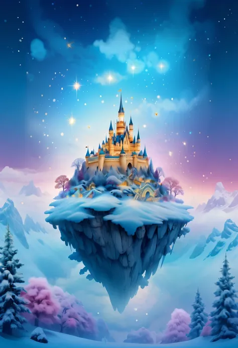 The princess&#39;s face appears in the air，(multiple exposure:1.5),winter landscape，Surreal wonderland，Dreamy cloud and fairy island，Big snowflakes，Colorful big snowflakes are flying，A princess&#39;The palace is covered with snow，The tree of life blooms wi...