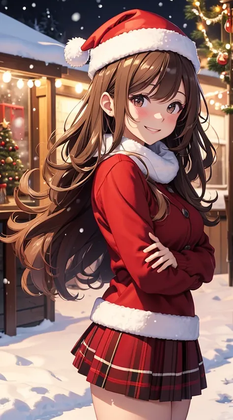 (masterpiece), (best quality), girl standing outside in the snow, wavy brown hair, red sweater, plaid skirt, santa claus hat, smiling, sexy, perfect body, christmas lights, night, (snowing: 1.25)