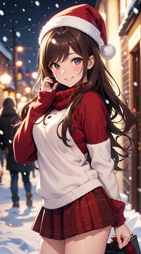 (masterpiece), (best quality), girl standing outside in the snow, wavy brown hair, red sweater, plaid skirt, santa claus hat, smiling, sexy, perfect body, christmas lights, night, (snowing: 1.25)