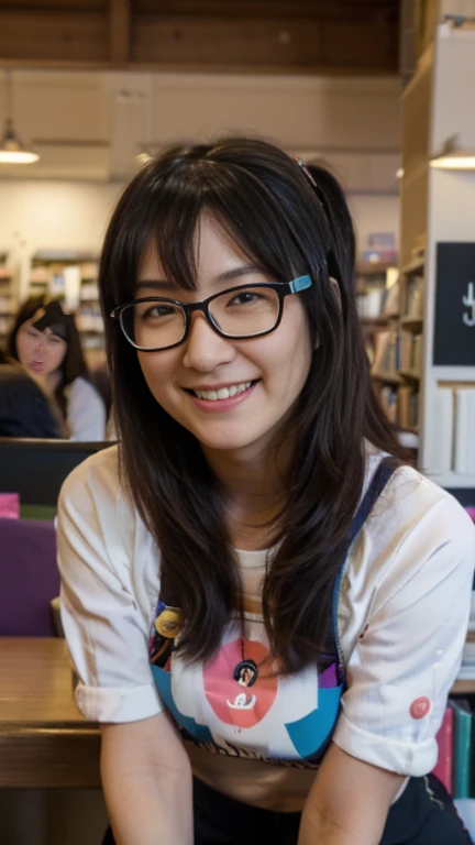 (masutepiece,Best Quality,ultra-detailliert,4K Portrait:1.5),young japanese girl, Glasses, Dark ponytail, Bookstore clerk, Poor:1.3, smile shy, Inside the bookstore