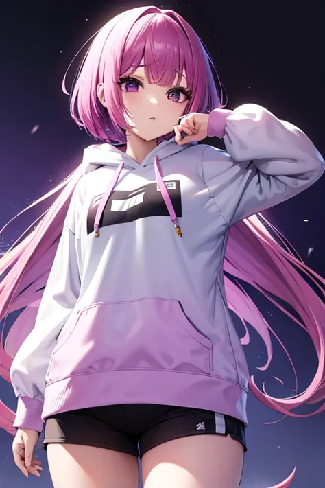 Chica anime, pelo corto blanco, purple eyes, sudadera con capucha, PC, gallardete, Vtuber, Estilo callejero