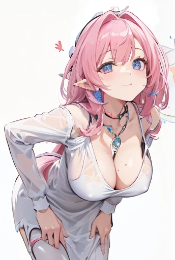 1girl,solo,long_hair, breasts,lookingat_viewer,smile, bangs,blue_eyeackground,long sleeves,hat, dress,holding,cleavage,bare shoulders,closed_ mouth, pink_hair, heart,one_eye_closed, choker,pointy_ears, off shoulden, bag,white_dress,huge_breasts, speech_bub...