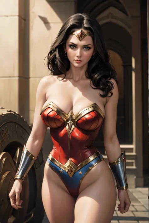 Art image of Lynda Carter as Wonder Woman, busty, beautiful, black hair, large breasts, WWII background, by Louis Royo, Boris Vallejo, Frank Frazetta, extreme focus, sharp details, sexy