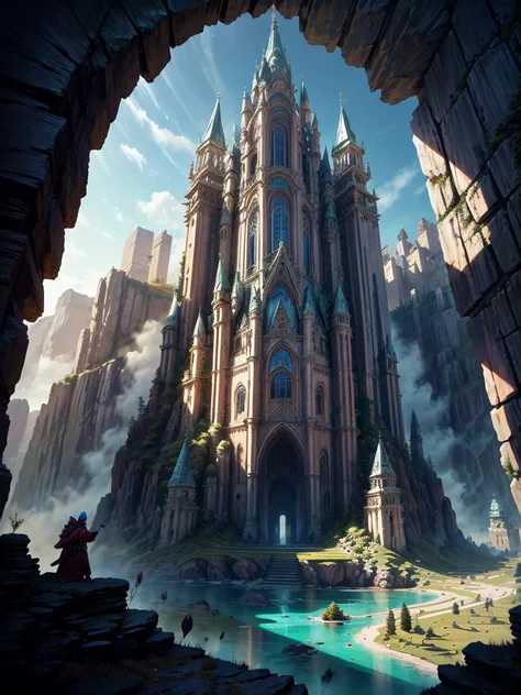 Eagle eye view, Barren Mountainous region, Largest mountain has a Canopy and Carved entrance in it. Castle is formed from the Mountain with open ceilings that make it appear maze-like, Dragon-like humanoids stand guard around the castle.