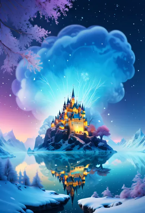 The princess&#39;s face appears in the air，(multiple exposure:1.5),winter landscape，Surreal wonderland，Dreamy cloud and fairy island，Colorful snowflakes are flying，A princess&#39;The palace is covered with snow，The tree of life blooms with endless vitality...