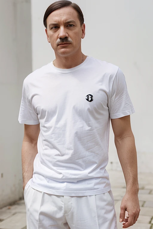 hitler as a 2024 fashion icon wearing a white t shirt