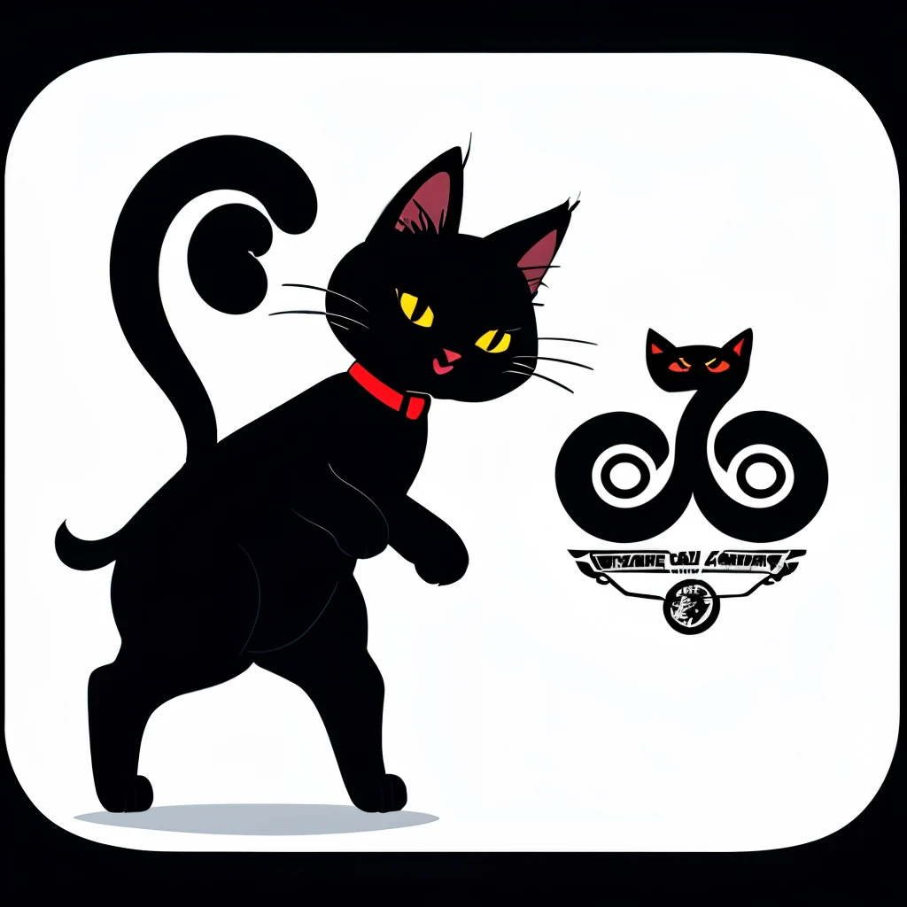 Black cat standing on two legs and holding a mug、streetart、Logo Design,vector,Friendly design、White background、、cartoon、Retro、Vintage