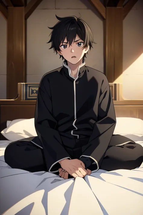 (high quality, ultra detailed), anime character, 16 year old man, medieval noble sleepwear, messy black hair, black eyes, surpri...