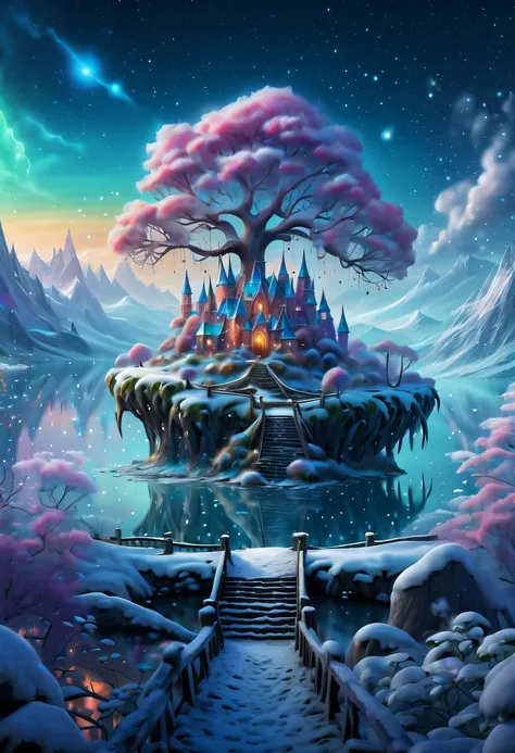 winter landscape，surreal wonderland，dreamy cloud and fairy island，colorful snowflakes are flying，a princess&#39;the palace is co...