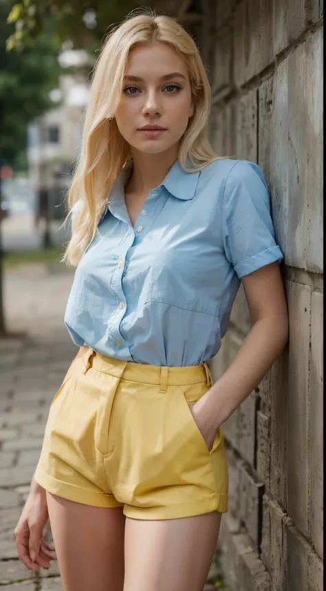 blonde de 25 ans, very classy, en tenue pour aller au bureau, yeux verts bleus, flirte avec la camera, blonde hair, white hair, sad, makeup, yellow shirt, shorts, outside, sunny day, 135mm, Canon, f/16, UHD, anatomically correct, masterpiece, textured skin...