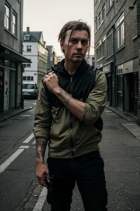 Airsoft player in the style of Grand Theft Auto from Denmark, looking like a gangsta from Denmark, in a city, let the background be like Denmark