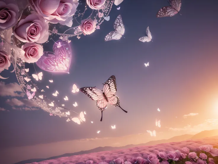 Craft a dreamy atmosphere where 3D roses transform into delicate fractal butterflies, fluttering around hearts that emit a soft glow, creating an enchanted scene of fleeting love.