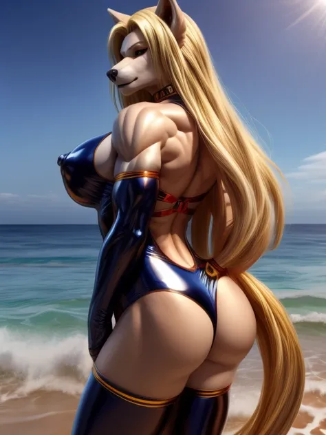 big muscular, women, one piece latex, sexy, 
blond long hair, 200cm tall, sea, nipple, wolf furry, big boobs, ass, tail