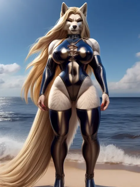 big muscular, women,latex catsuit, sexy, 
blond long hair, 200cm tall, sea, nipple, wolf furry, big boobs, tail