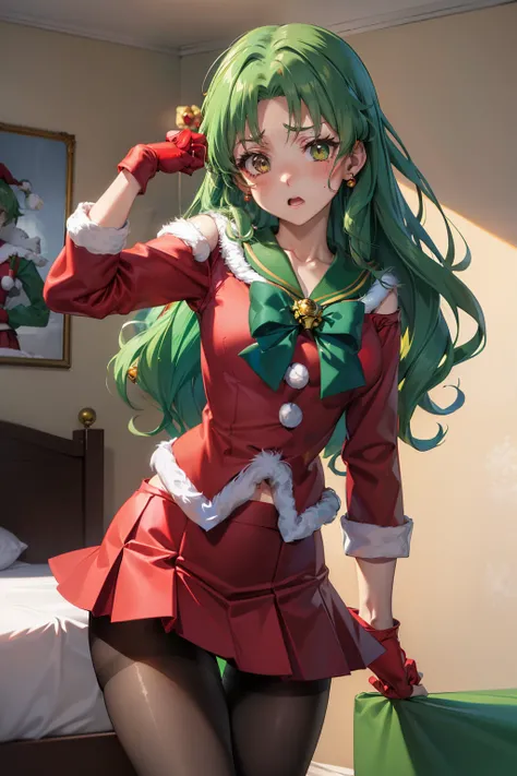 masutepiece, Best Quality, 1girl in, (Sailor Neptune),Green head hair, (Green eye:1.2),(((Santa Claus clothes)))、((a miniskirt))、length hair、((embarassed expression))、((Bedroom))、((Red jacket))、((Long gloves))、((pantyhose))、((a red skirt))