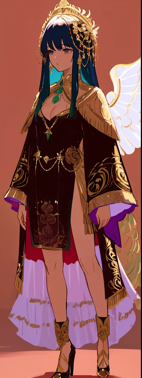 a close up of a person in a costume with wings, clothes themed on a peacock mage, wearing an ornate outfit, wearing gilded ribes, ethereal flowerpunk, intricate outfit, full body!! maximalist details, ((wearing aristocrat robe)), floralpunk elysian maiden,...