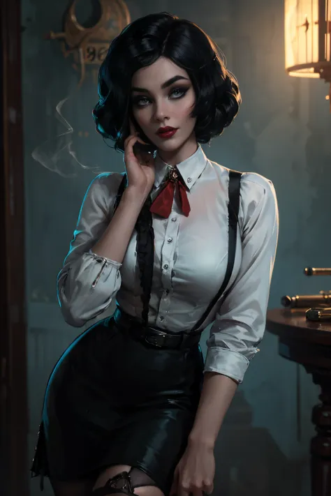 ( there is a woman holding a cigarette in her hand ),( elizabeth from burial at sea ) (realistic:1.5), (fully dressed), ((female...