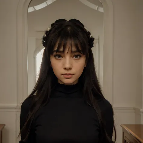 (extremely delicate and beautiful: 1.2), bangs, pretty black eyes, bow, black hair, closed mouth, sideways, hair between eyes, hair bow, looking at the viewer, long hair, solo, hourglass body, warior turtle neck black outfit