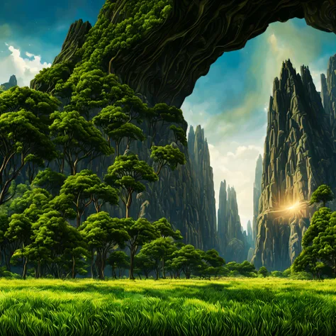 create a cinematic matte painting of a forest landscape with many tall green trees, with giant rocky mountains in a science fiction movie setting with ancient stone temples embedded in high rocks, the scene takes place in a clearing in the center of a dens...