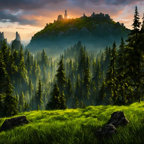 create a cinematic matte painting of a forest landscape with many tall green trees, with giant rocky mountains in a science fiction movie setting with ancient stone temples embedded in high rocks, the scene takes place in a clearing in the center of a dens...